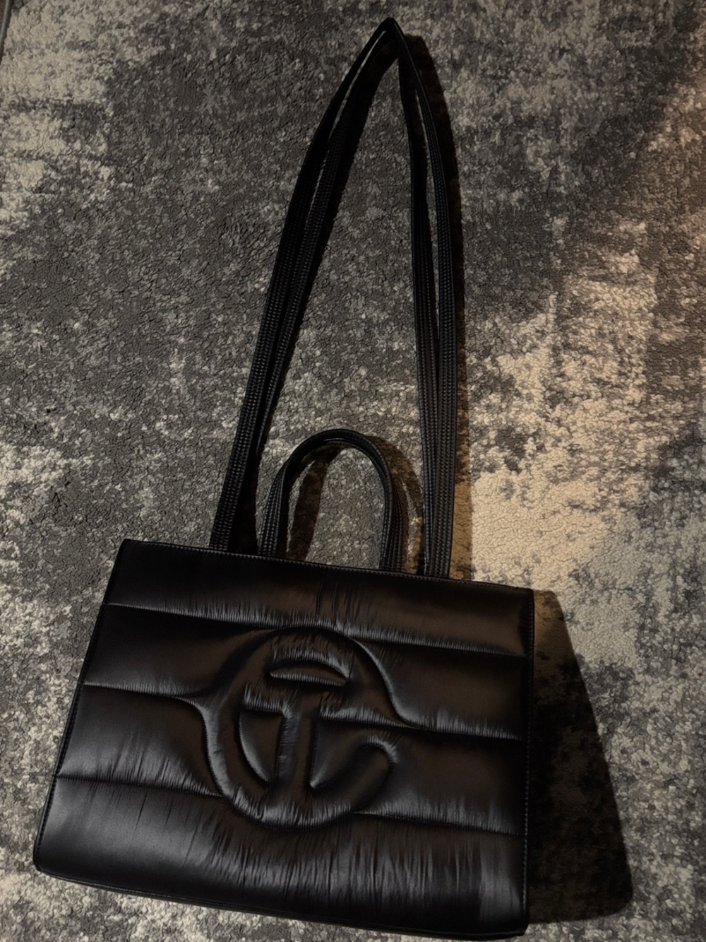 Telfar Black Quilted Tote Bag with Embossed Logo